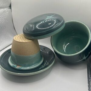 Japanese Celadon Crane Tea Infuser Crackle Glaze Cup Set (4)